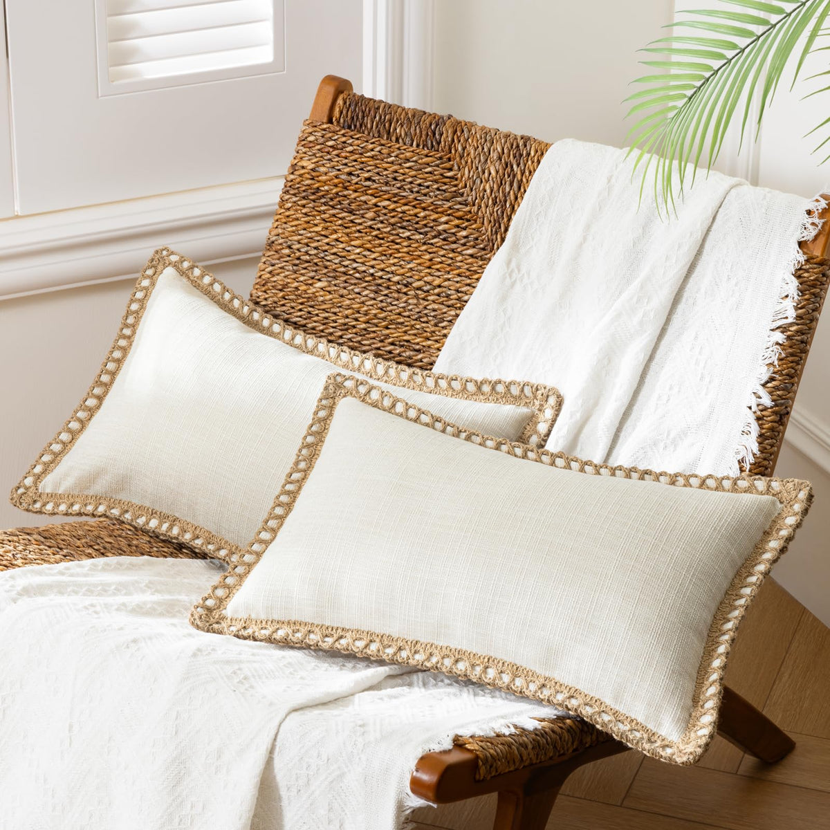 Phantoscope Pack of 2 Coastal Aqua Pillow Covers 18x18, Textured Polyester with Rope Trim, Fade Resistant Vintage Turquoise Blue Decorative Cushion Cases, Hidden Zipper, Farmhouse Boho Beach Decor