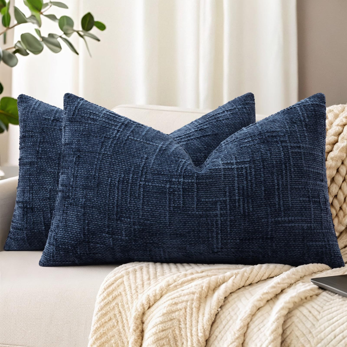 decorUhome Textured Chenille Throw Pillow Covers 18x18 Set of 2 Ivory
