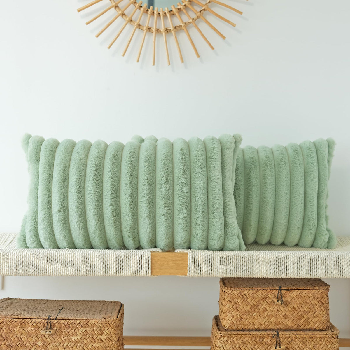 JOJUSIS Faux Fur Plush Throw Pillow Covers, Beige, 24 x 24-Inch