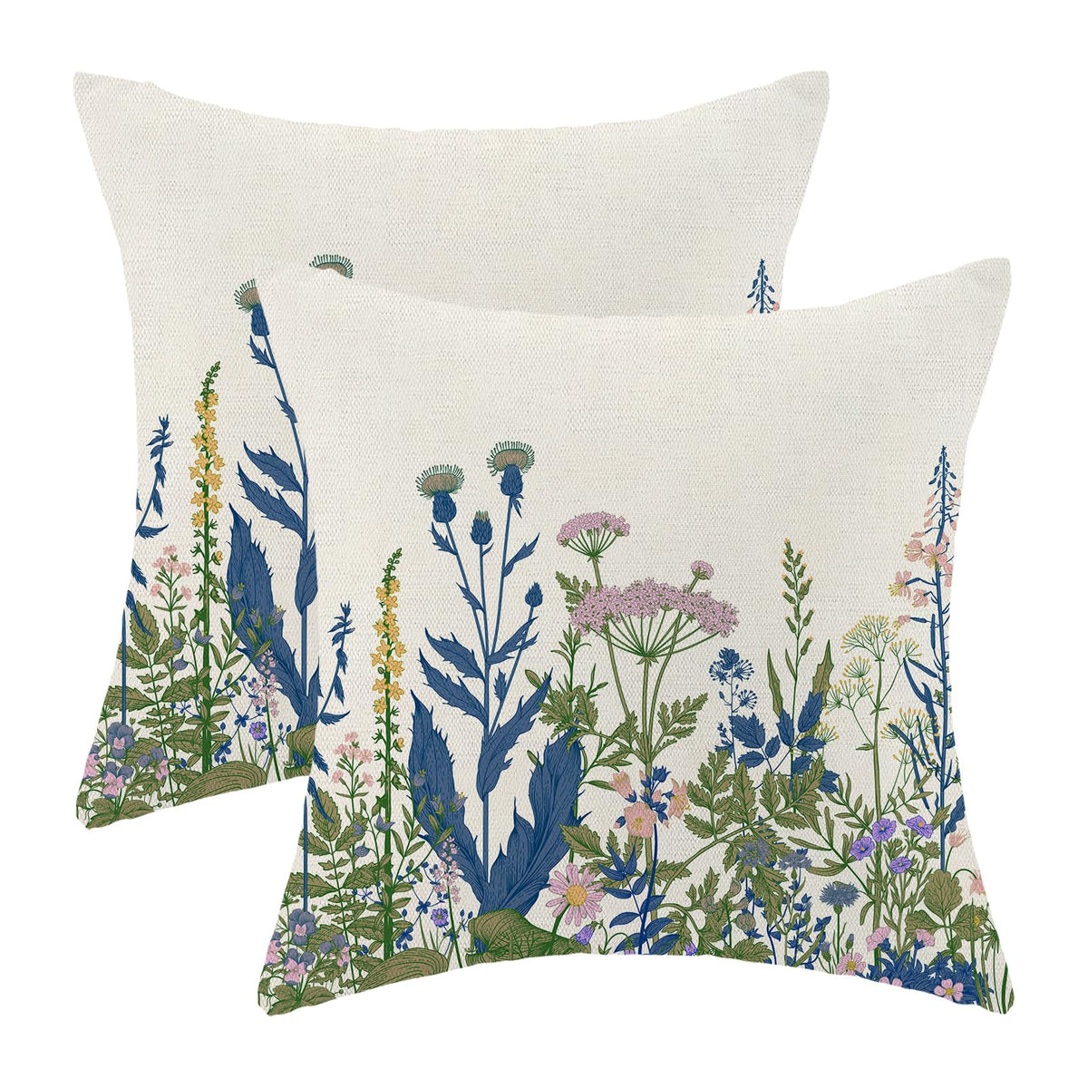 AEIOAE Spring Pillow Covers 18x18 Inch Set of 2,Blue Teal Wild Flower Plant Throw Pillows Case,Seasonal Floral Outdoor Decorative Square Linen Farmhouse Decor Cushion Covers for Home Sofa Bed Couch