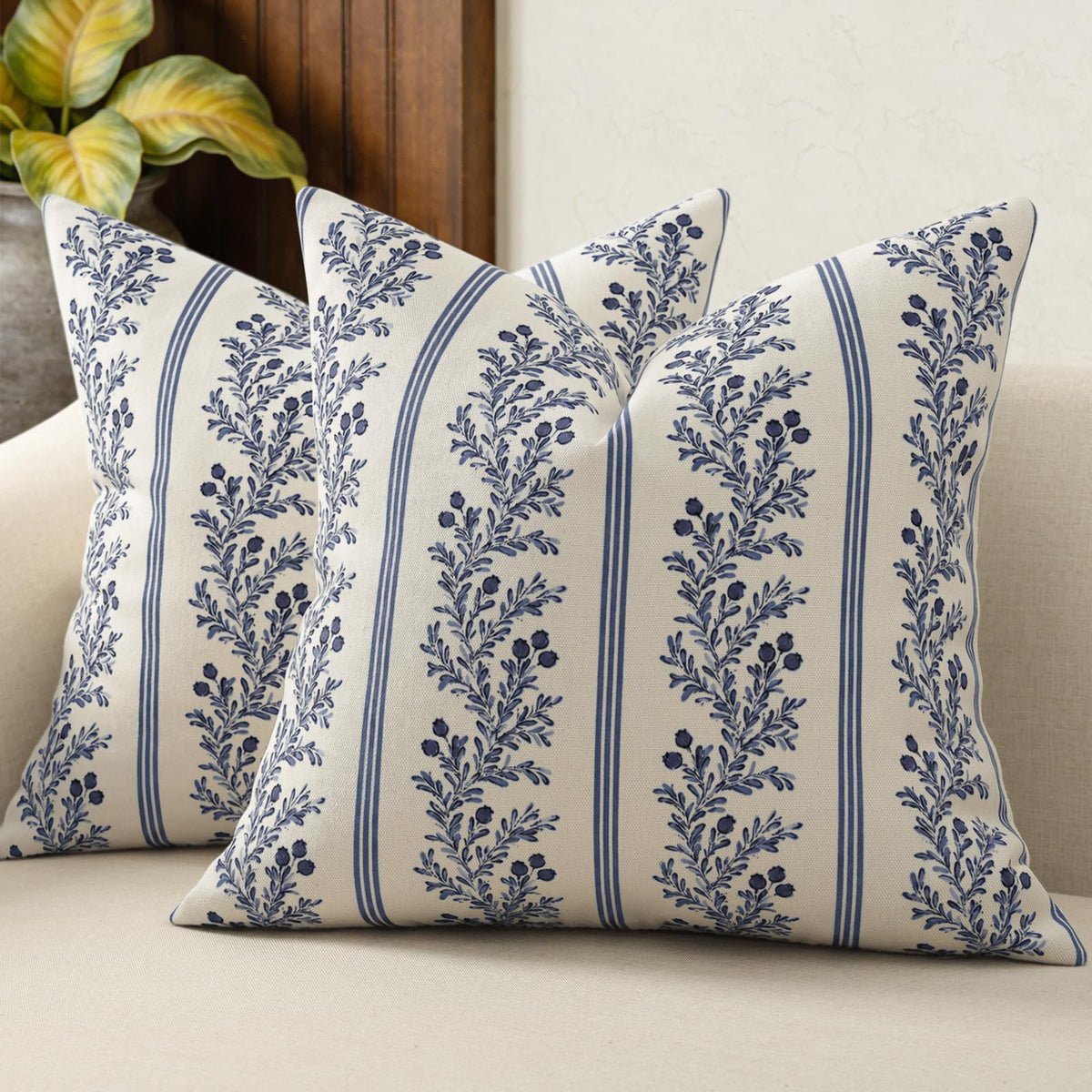 Vintage Throw Pillow Covers 20x20 Set of 2, Striped Floral Pillow Cover Botanical Patterned Decorative Cushion Covers Modern Farmhouse Home Decor for Sofa Couch Bed Living Room, Light Blue