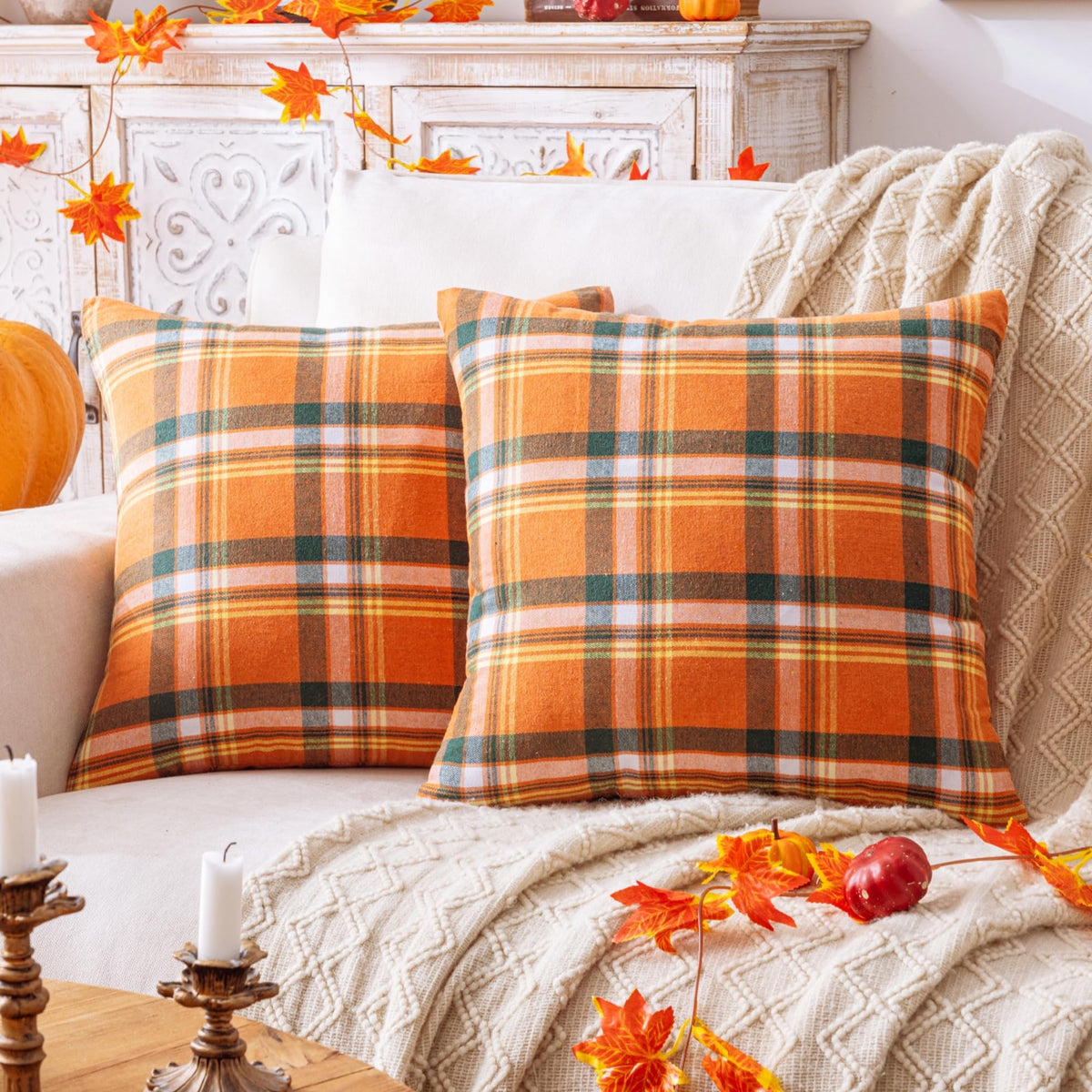 AQOTHES Fall Plaid Orange Throw Pillow Covers 18x18 Inch Set of 2