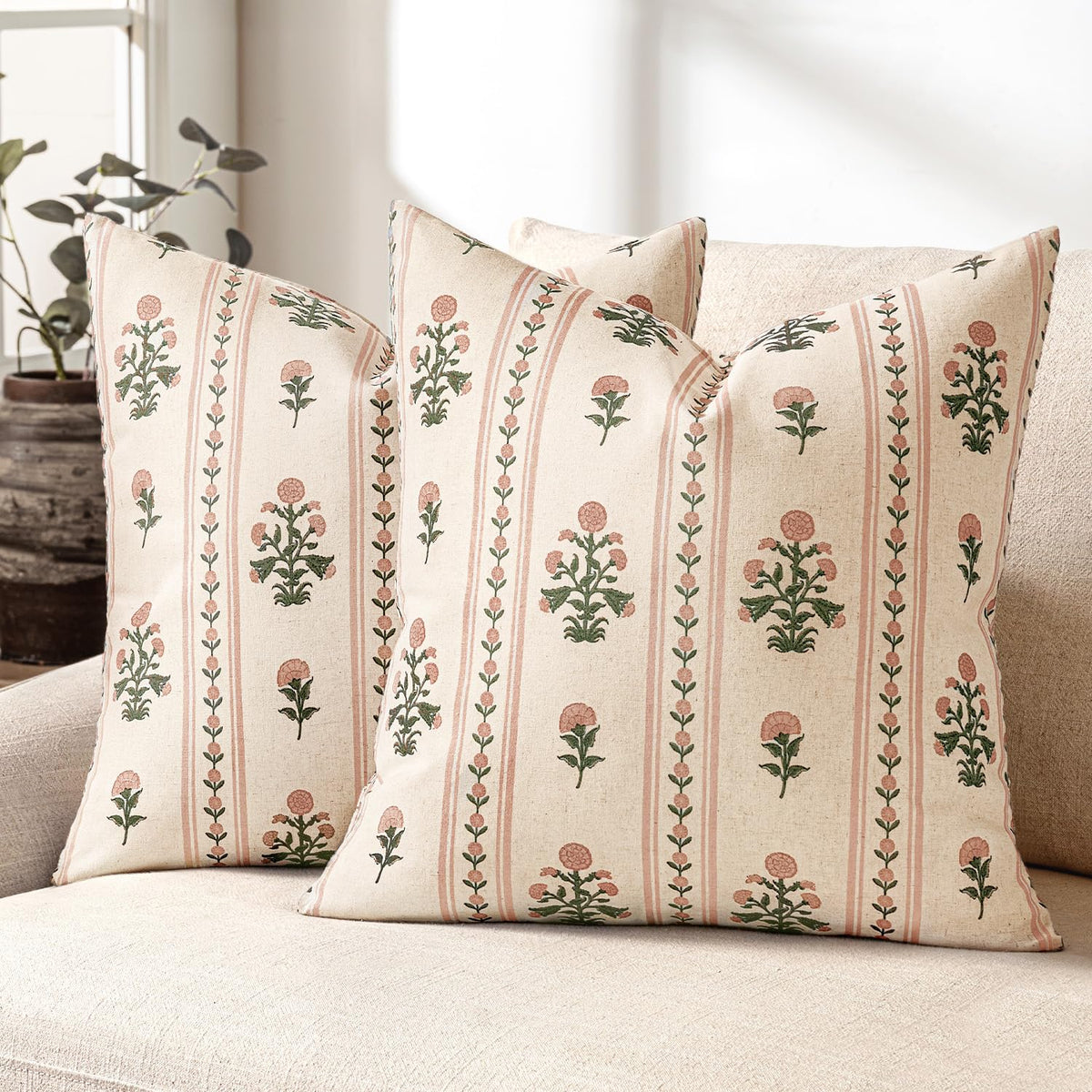 Striped Floral Throw Pillow Covers 18x18 Inch Set of 2 Brown