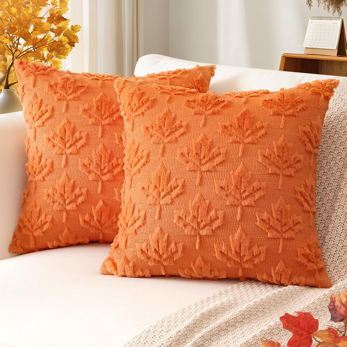 Artscope Maple Leaf Fall Pillow Covers 18 x 18 Set of 2 Decorative Autumn Harvest Holiday Throw Pillow Cases Soft Plush Faux Fur Couch Cushion Case for Farmhouse Sofa Bed Room Home Decor-Rust