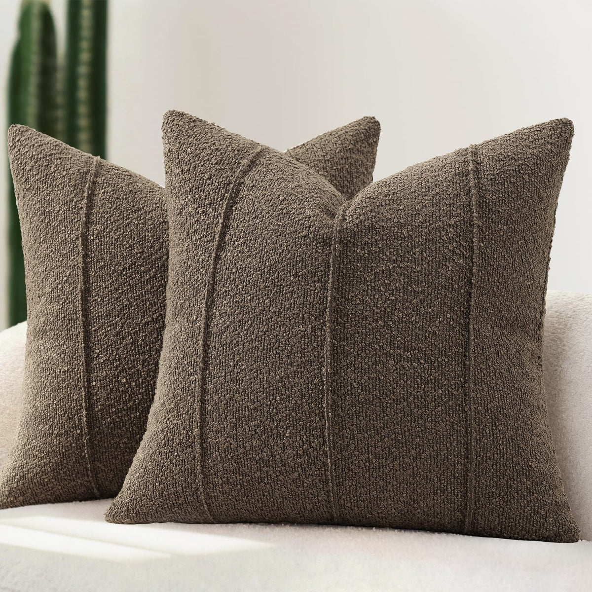 YCOLL Textured Boucle Throw Pillow Covers 20x20 Pack of 2 - Soft Neutral Striped Cushion Covers, Cozy Accent Decorative Pillow Covers for Couch, Sofa, Bed, Living Room (Ivory)