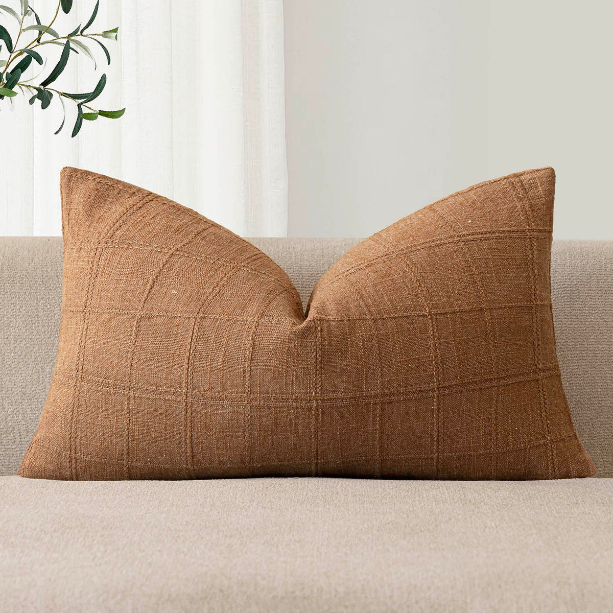 Foindtower Set of 1 Decorative Linen Check Throw Pillow Cover Neutral Farmhouse Lumbar Cushion Cover Modern Boho Home Decor for Sofa Chair Couch Bedroom Living Room,12×20 Inch,Olive Green