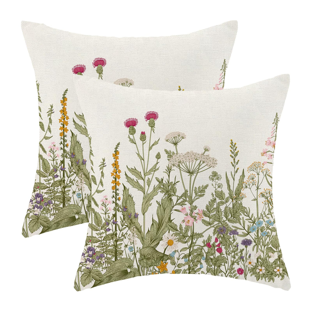 AEIOAE Spring Pillow Covers 18x18 Inch Set of 2,Blue Teal Wild Flower Plant Throw Pillows Case,Seasonal Floral Outdoor Decorative Square Linen Farmhouse Decor Cushion Covers for Home Sofa Bed Couch