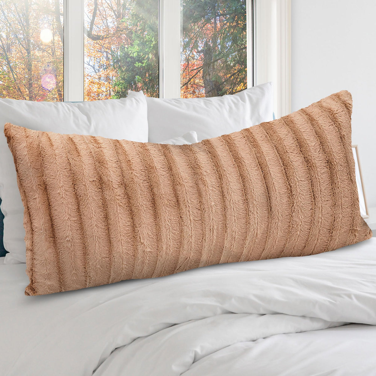 Cheer Collection Faux Fur Long Body Pillow - Accent Throw Pillow for Bed and Couch - Decorative Lumbar Pillow with Insert, Black (18" x 40")