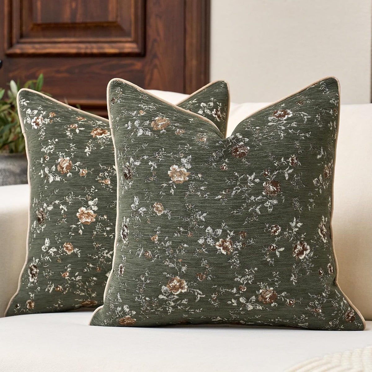Pack of 2 Vintage Floral Throw Pillow Covers 18 x 18 Inch,Farmhouse Cushion Covers Retro Decorative Pillow Cases for Sofa,Couch, Bay Window, Bed, Living Room Home Décor, Green