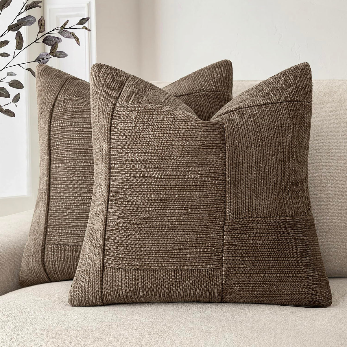 Foindtower Set of 2 Decorative Patchwork Chenille Throw Pillow Covers Textured Modern Vintage Cushion Cover Neutral Boho Accent Home Decor for Sofa Chair Couch Bed Living Room,20×20 Inch,Taupe Gray