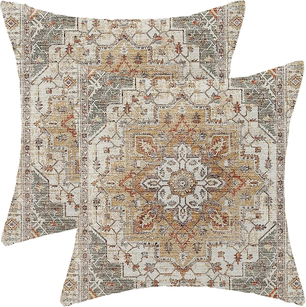 Boho Pillow Covers 18x18 Inch 2 Pcs Vintage Burnt Orange Grey Beige Carpet Pattern Ethnic Decor Throw Pillows Retro Outdoor Farmhouse Decoration Pillowcase Linen Cushion Cover for Couch Sofa