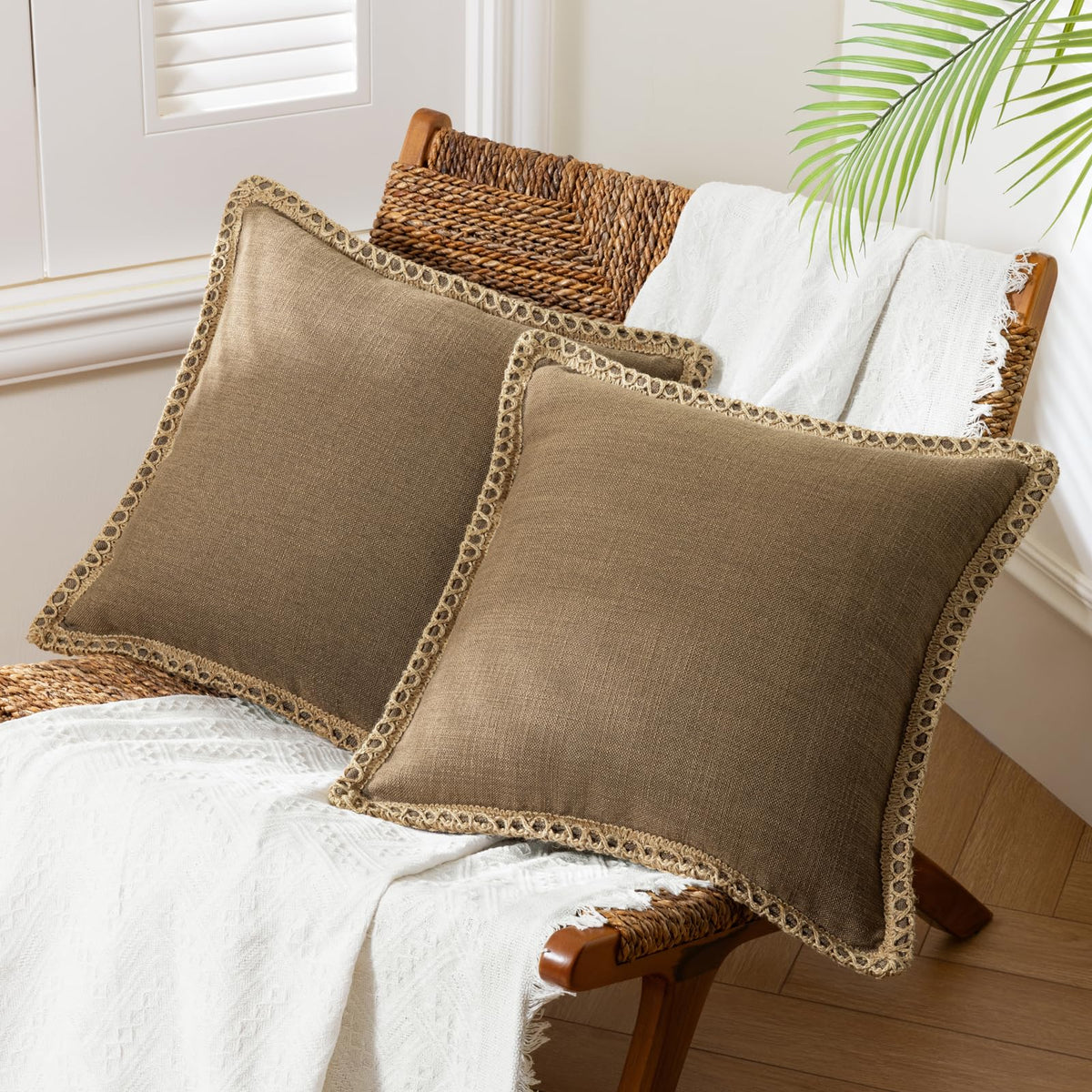 Phantoscope Pack of 2 Coastal Aqua Pillow Covers 18x18, Textured Polyester with Rope Trim, Fade Resistant Vintage Turquoise Blue Decorative Cushion Cases, Hidden Zipper, Farmhouse Boho Beach Decor