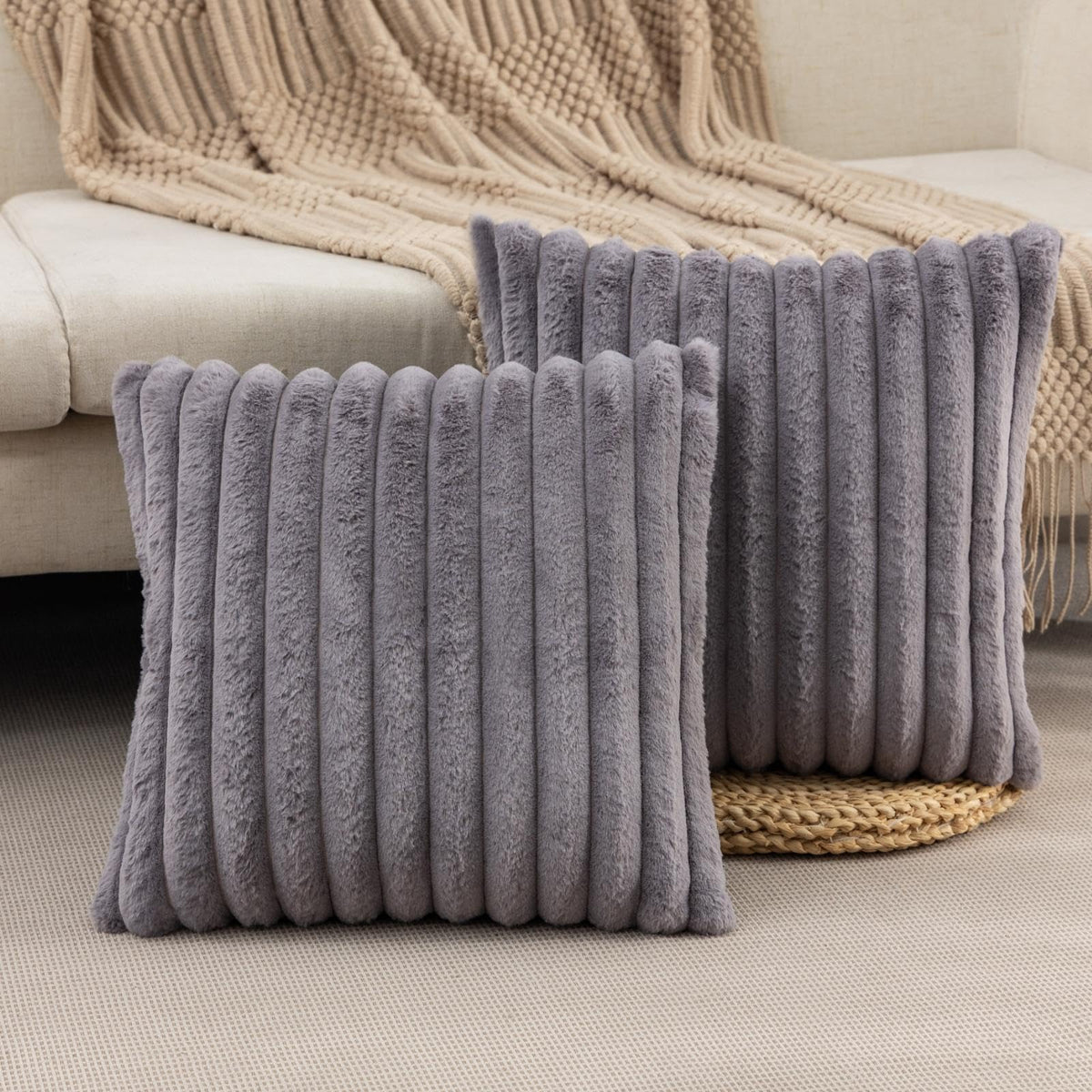 ZLINA Faux Fur Decorative Throw Pillow Covers 22 x 22 Inch,Black