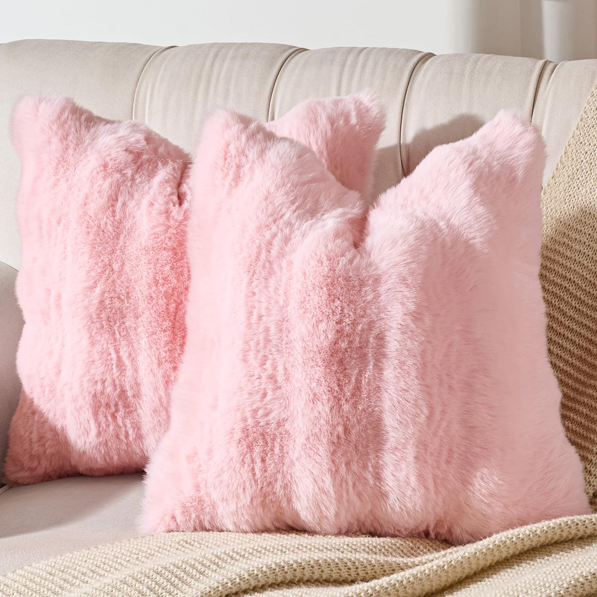 AmHoo Pack of 2 Throw Pillow Covers 3D Dense Faux Rabbit Fur Cozy Super Soft Fuzzy Set Case Cushion for Couch Sofa Bedroom 18 x 18-Inch Cream White