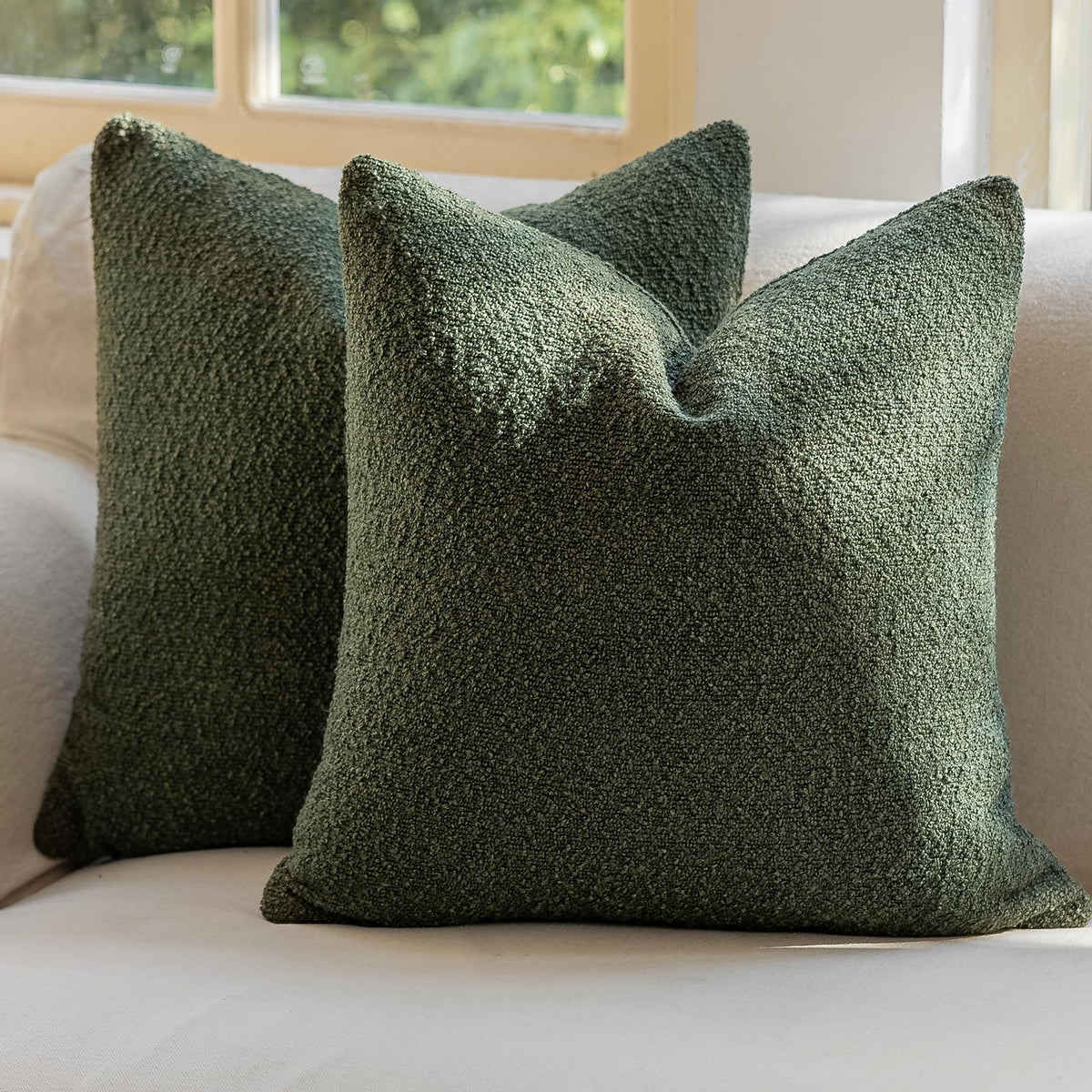 GEEORY Decorative Throw Pillow Covers 18x18 Inch Pack of 2,Textured Boucle Neutral Cushion Cases for Bed Couch Sofa, Accent Mordern Farmhouse & Minimalist Home Decor (Olive Green) GE05-18