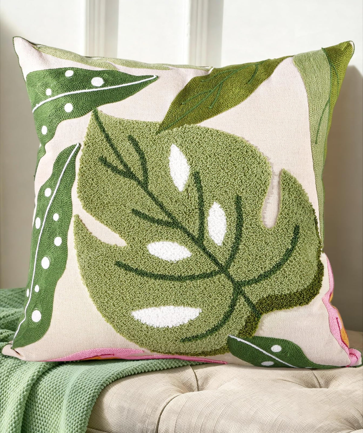 Embroidered Throw Pillow Cover, 18x18 Inch, Fall Abstract Floral