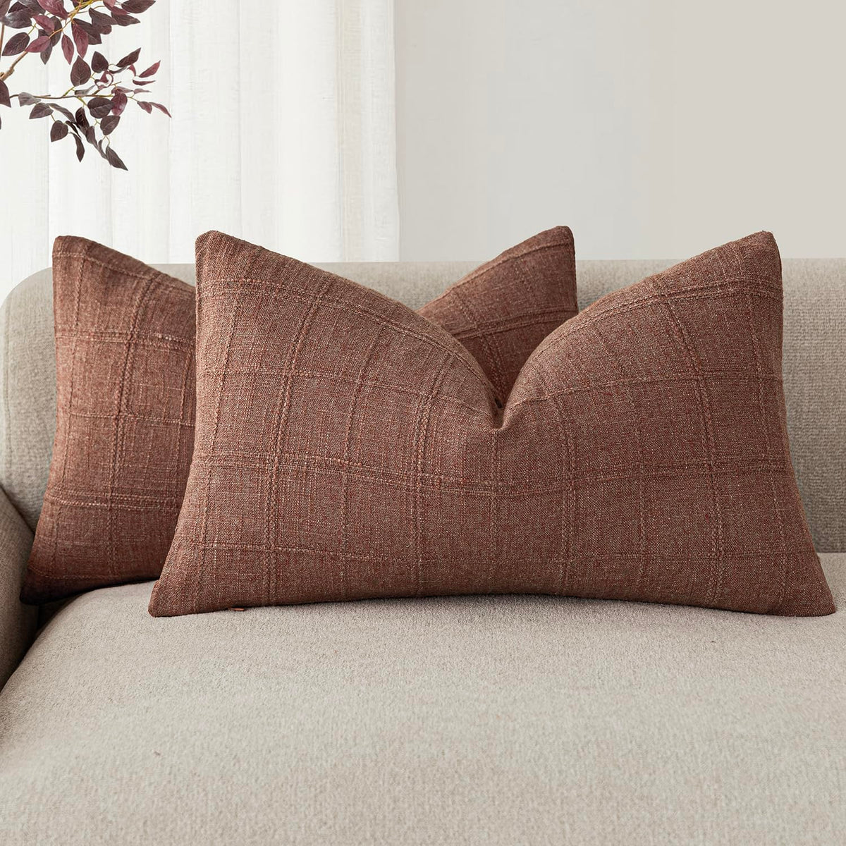 Foindtower Linen Check Decorative Throw Pillow Covers 18×18 Natural Beige