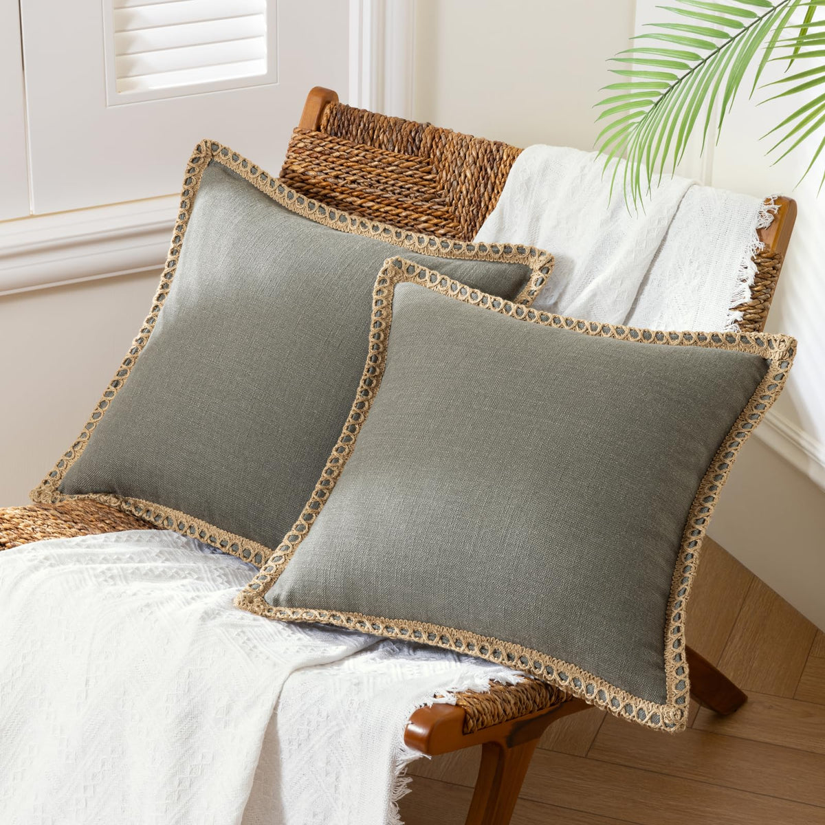 Phantoscope Pack of 2 Coastal Aqua Pillow Covers 18x18, Textured Polyester with Rope Trim, Fade Resistant Vintage Turquoise Blue Decorative Cushion Cases, Hidden Zipper, Farmhouse Boho Beach Decor