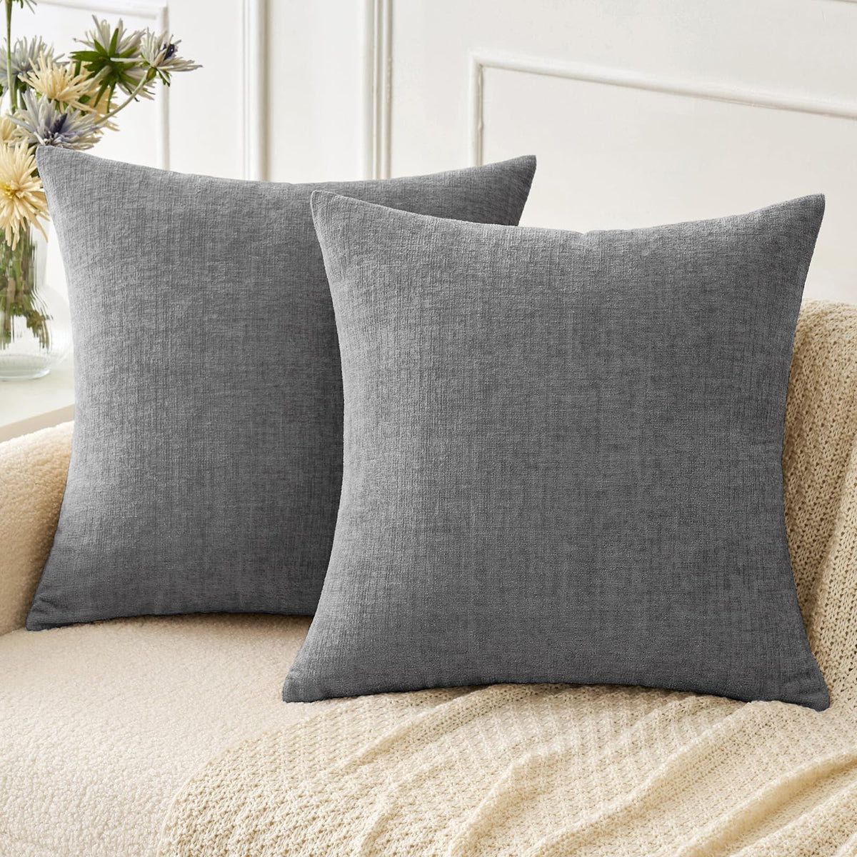 MIULEE Soft Chenille Throw Pillow Covers Green 18x18 Inch Pack of 2