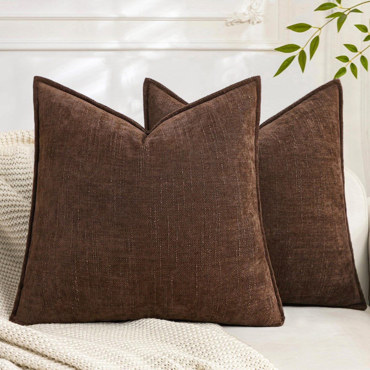 Set of 2 Soft Textured Decorative Throw Pillow Covers 18x18 Inch Cozy Farmhouse Cushion Cover Square Accent Pillow Cases for Bed Couch Sofa Living Room, Taupe Grey