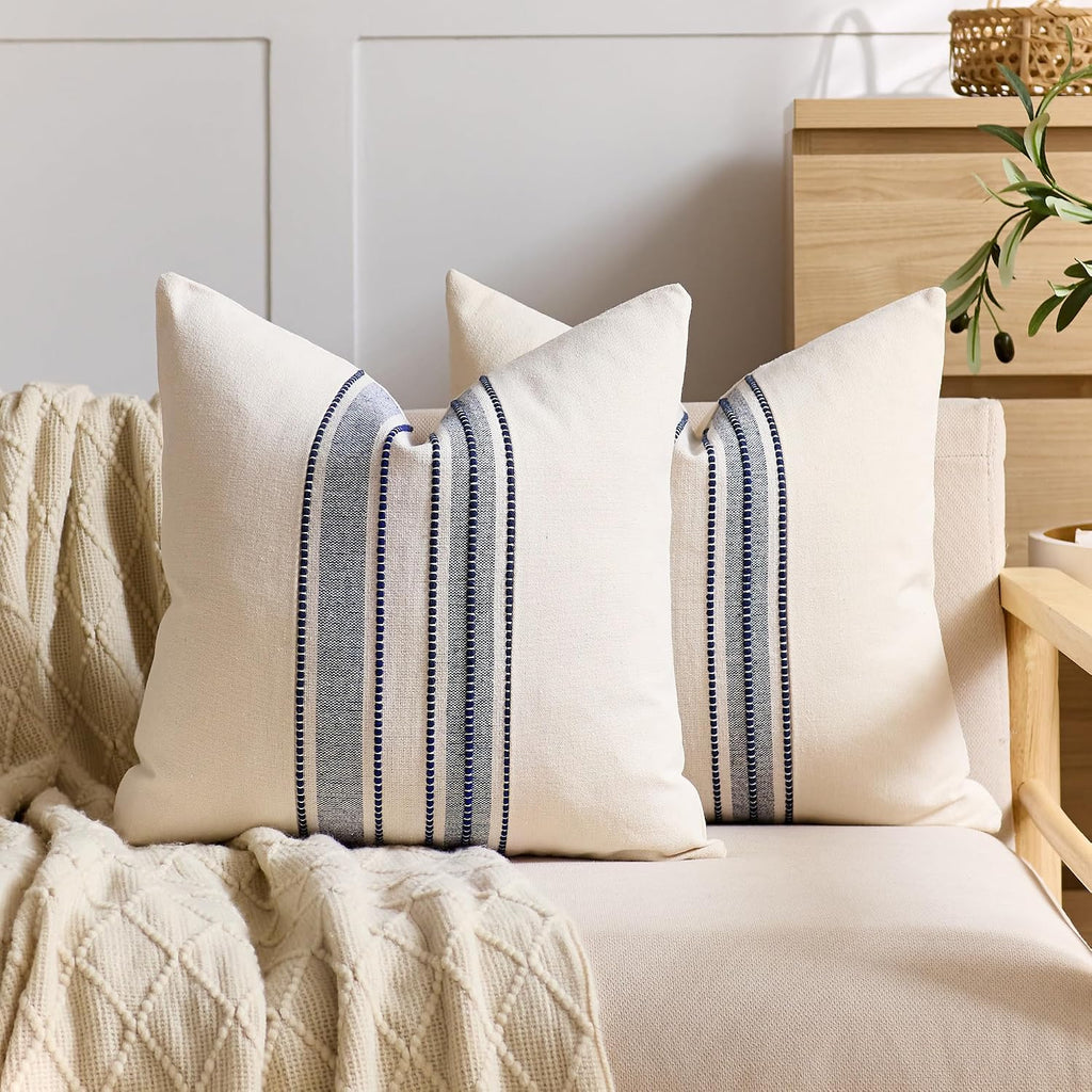 KINDREX Striped Linen Decorative Throw Pillow Covers 18x18 Navy Blue