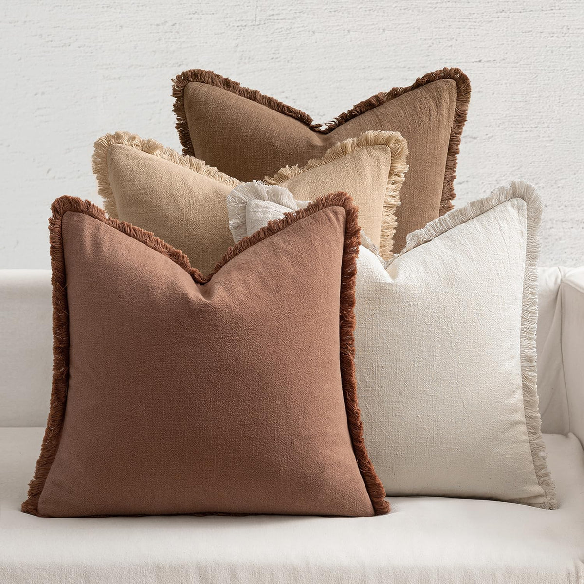 MIULEE Fall Linen Fringe Pillow Covers Set of 4 18x18 Beige/Brown/Green