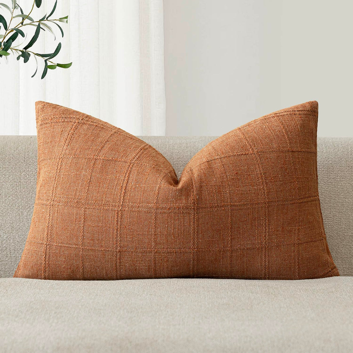 Foindtower Set of 1 Decorative Linen Check Throw Pillow Cover Neutral Farmhouse Lumbar Cushion Cover Modern Boho Home Decor for Sofa Chair Couch Bedroom Living Room,12×20 Inch,Olive Green