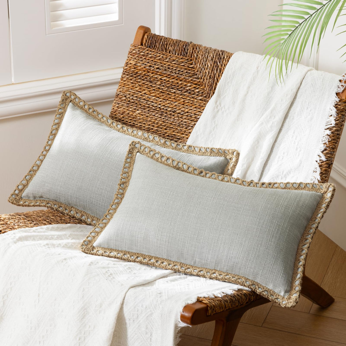 Phantoscope Pack of 2 Coastal Aqua Pillow Covers 18x18, Textured Polyester with Rope Trim, Fade Resistant Vintage Turquoise Blue Decorative Cushion Cases, Hidden Zipper, Farmhouse Boho Beach Decor