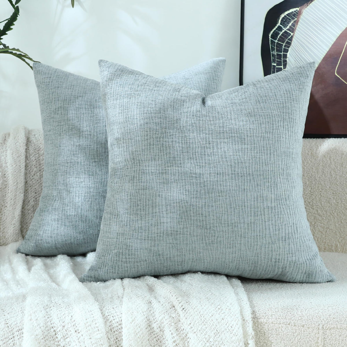 Stellhome Pack of 2 Soft Textured Throw Decorative Pillow Covers Square Accent Solid Cushion Cover Cozy Farmhouse Pillow Case for Couch Sofa Bedroom Living Room 18x18 Inch, Natural Beige