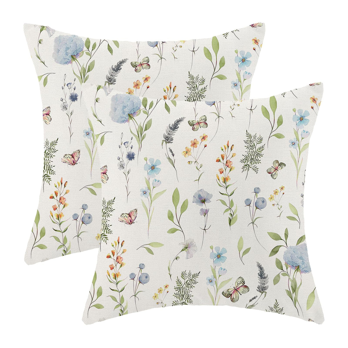 AEIOAE Spring Pillow Covers 18x18 Inch Set of 2,Blue Teal Wild Flower Plant Throw Pillows Case,Seasonal Floral Outdoor Decorative Square Linen Farmhouse Decor Cushion Covers for Home Sofa Bed Couch