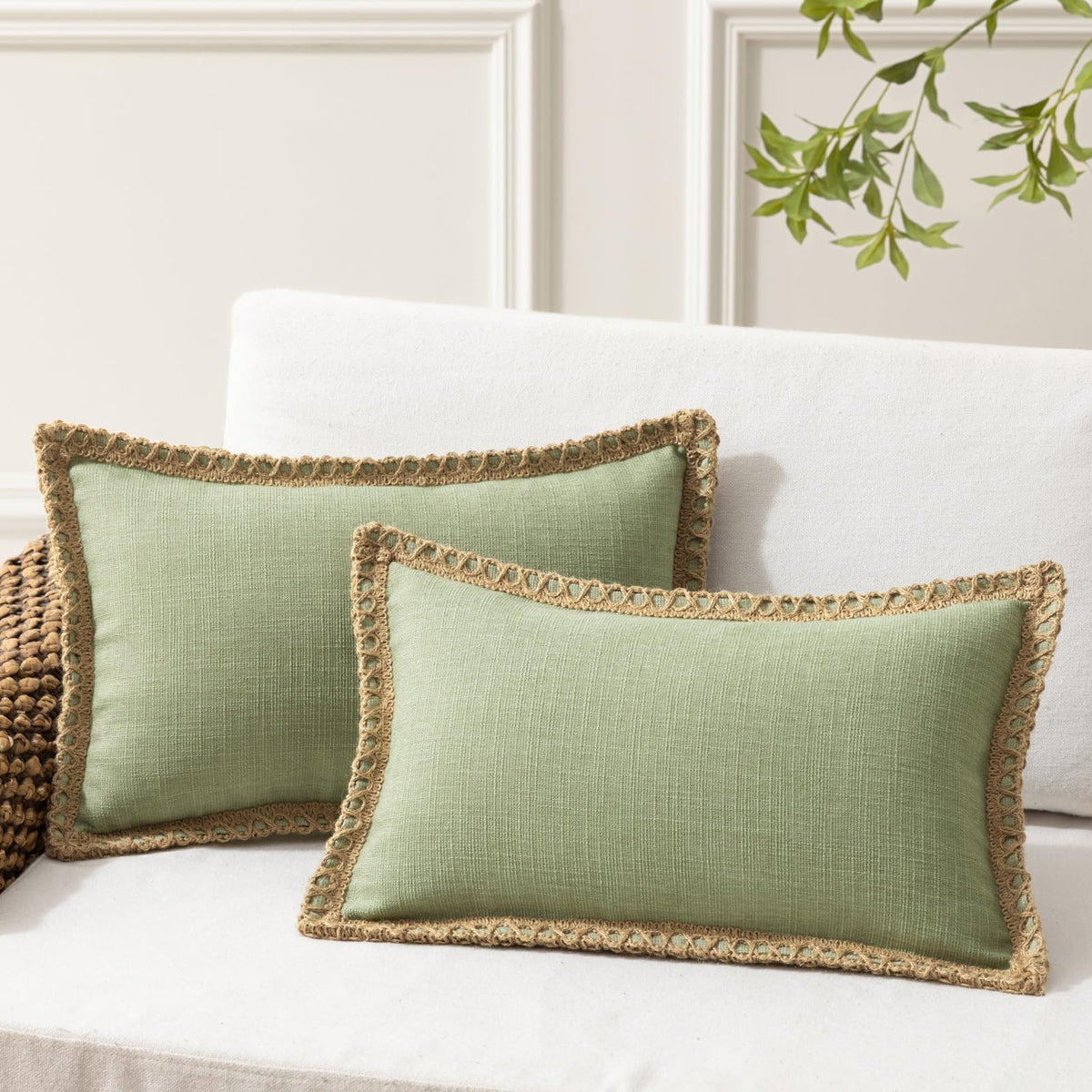 Phantoscope Pack of 2 Coastal Aqua Pillow Covers 18x18, Textured Polyester with Rope Trim, Fade Resistant Vintage Turquoise Blue Decorative Cushion Cases, Hidden Zipper, Farmhouse Boho Beach Decor