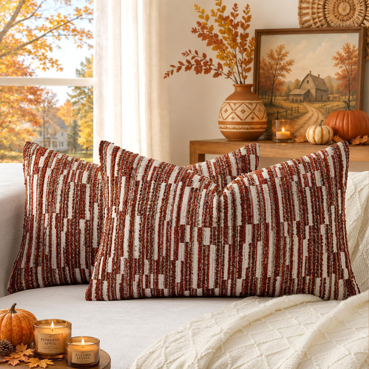 Boho Striped Decorative Throw Pillow Covers 20"X20" Set of 2,Moss Green