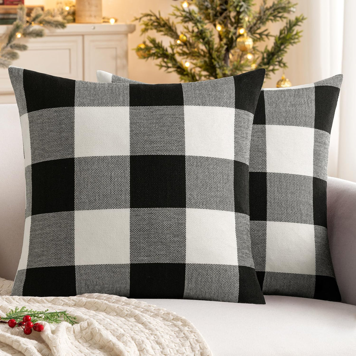 MIULEE Christmas Plaid Pillow Covers 18x18 White and Red Pack of 2