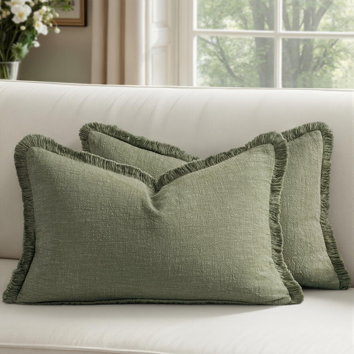 Linen Fringe Throw Pillow Covers 20x20 Inch Set of 2,Navy Blue