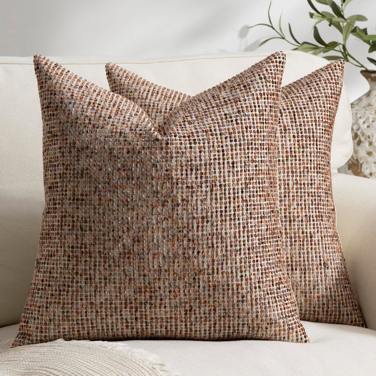 Pack of 2 Neutral Throw Pillow Covers 18x18 Boho Textured Dots Stripe Chenille Square Decorative Pillow Cases Accents for Living Room Couch Bed Farmhouse Home Decor, Taupe