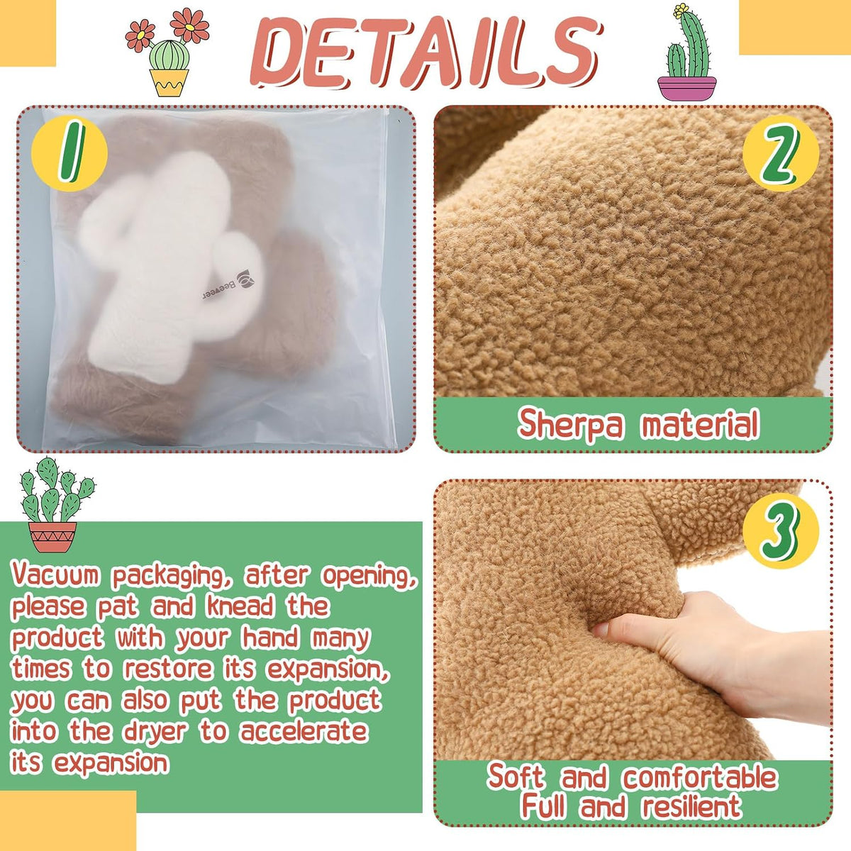 Beeveer 2 Pcs Cactus Pillows Decorative 3D Shaped Pillow Cactus Hugging Gift Soft for Office Nap Seat Decor for Home Sofa Bed Office