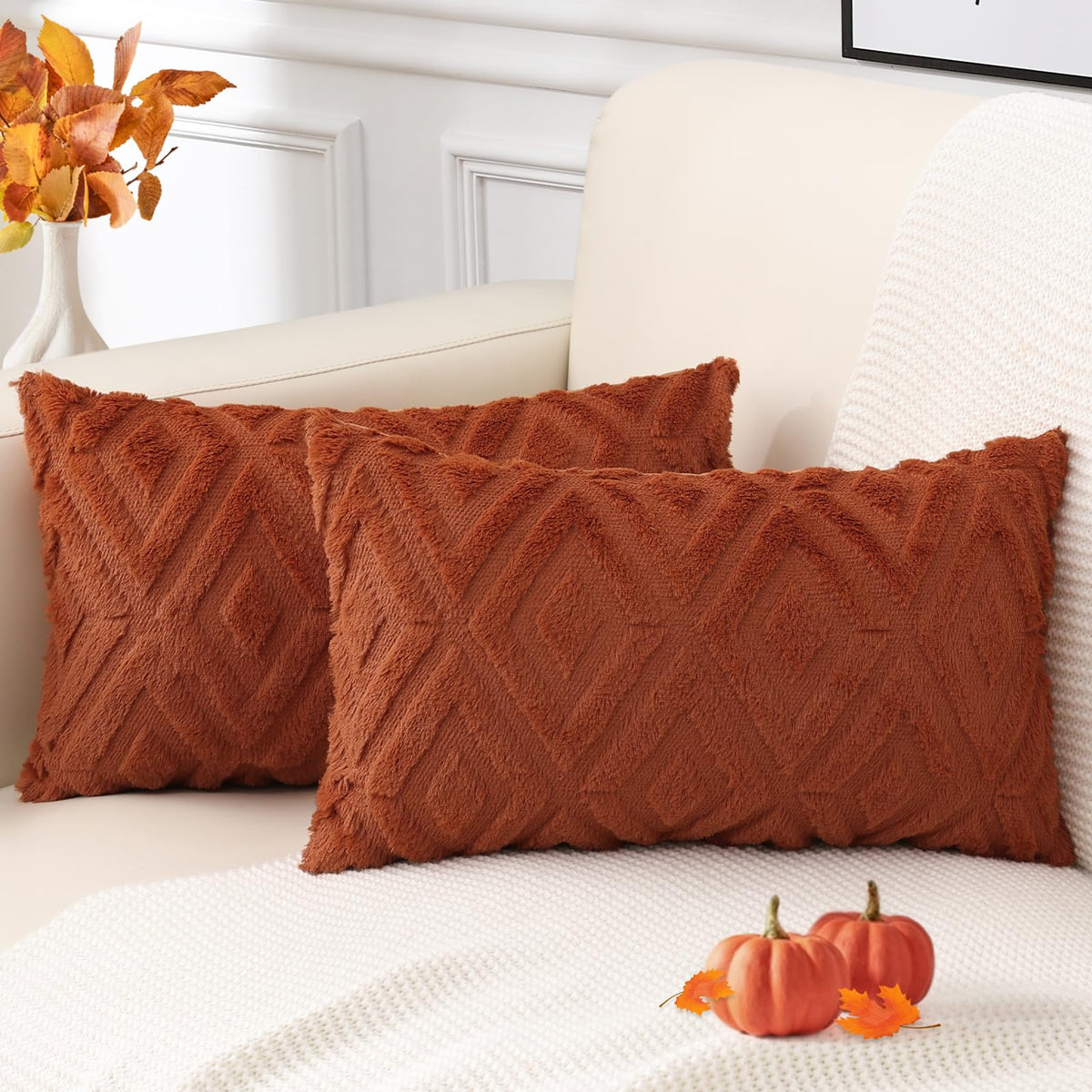 Pallene Fall Cream White Faux Fur Throw Pillow Covers 18x18 Set of 2