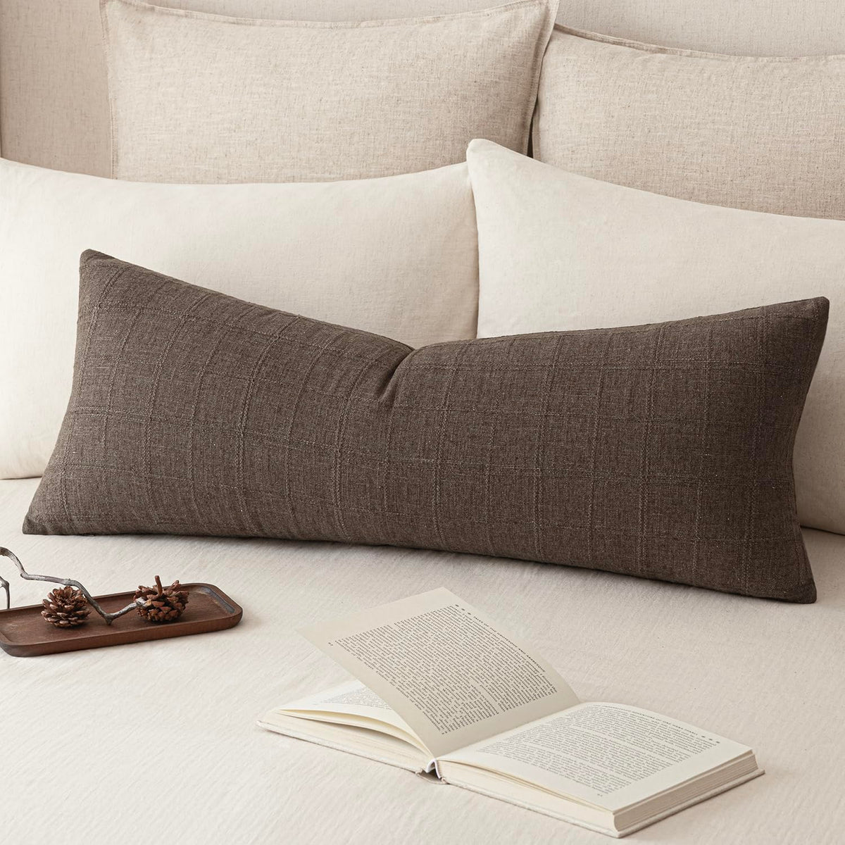 Foindtower Set of 1 Decorative Linen Check Throw Pillow Cover Neutral Farmhouse Lumbar Cushion Cover Modern Boho Home Decor for Sofa Chair Couch Bedroom Living Room,12×20 Inch,Olive Green