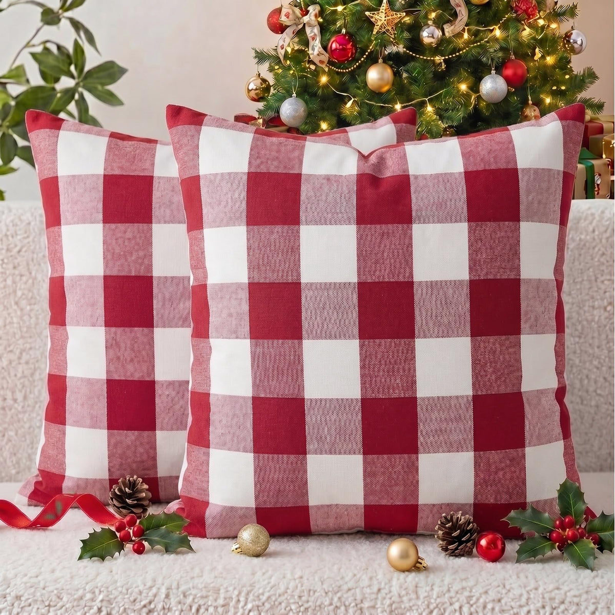 Farmhouse Brown Gingham Checkered Plaid Throw Pillow Covers 20x20 Set of 2