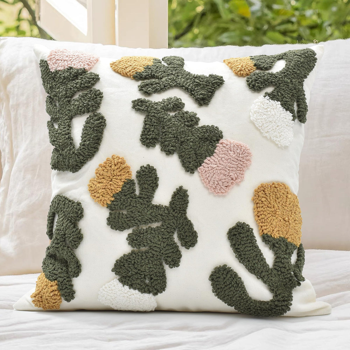 Boho Sofa Throw Pillow Covers – Exquisitely Crafted with Hand-Finished Tuft with Thick Cotton Tassel Details – Soft & Stylish Moroccan Decorative, 18x18inch (Spring Ruched)