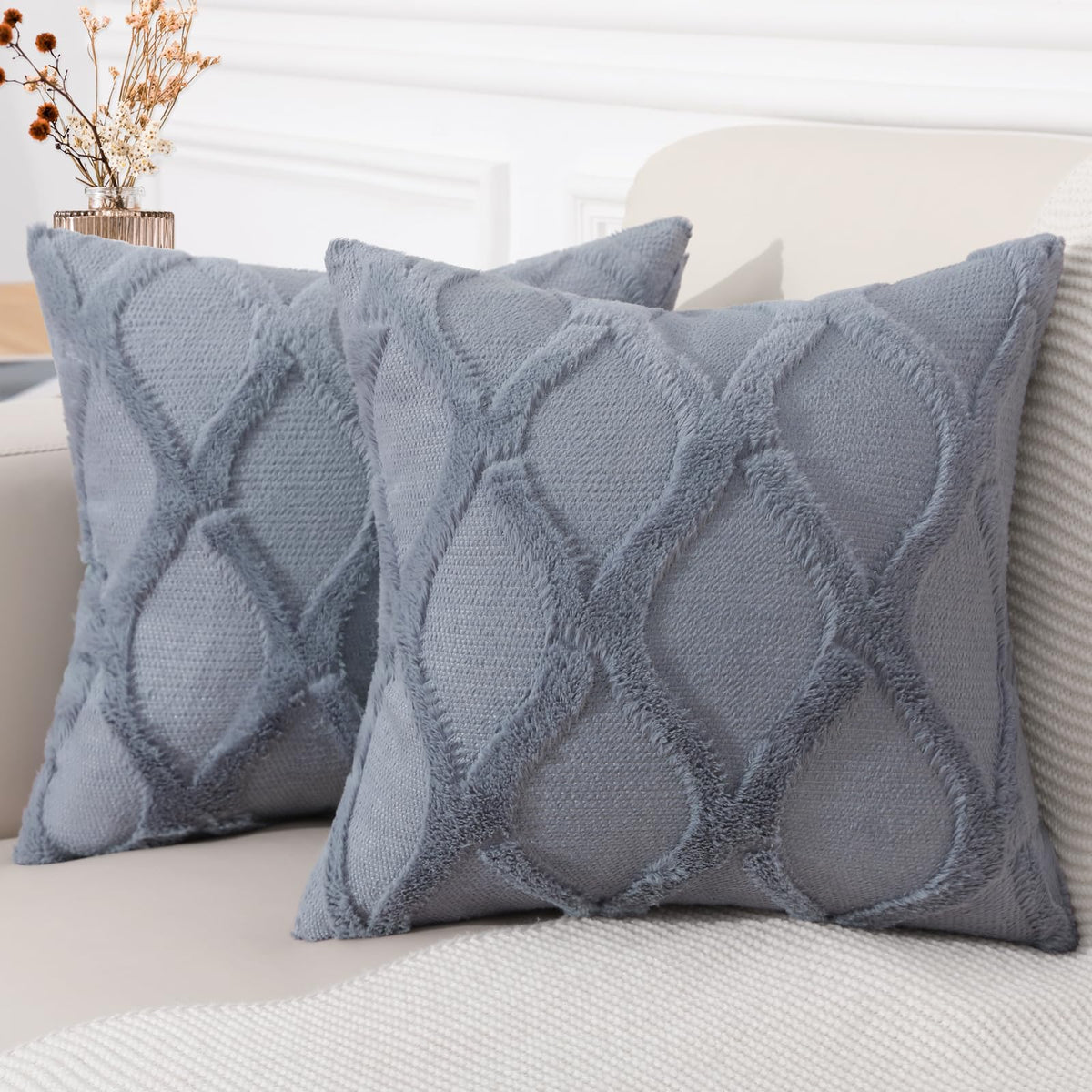 decorUhome Fall Throw Pillow Covers 18x18 Inch Set of 2, Soft Plush Faux Fur Wool Rust Couch Pillow Covers, Decorative Neutral Pillow Cases for Bed Sofa Living Room Home Decor