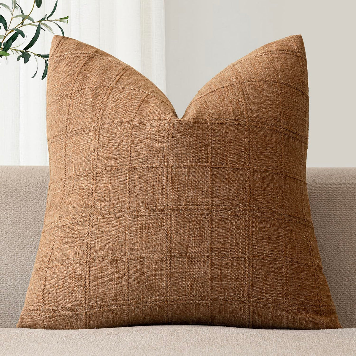 Foindtower Set of 1 Decorative Linen Check Throw Pillow Cover Neutral Farmhouse Lumbar Cushion Cover Modern Boho Home Decor for Sofa Chair Couch Bedroom Living Room,12×20 Inch,Olive Green