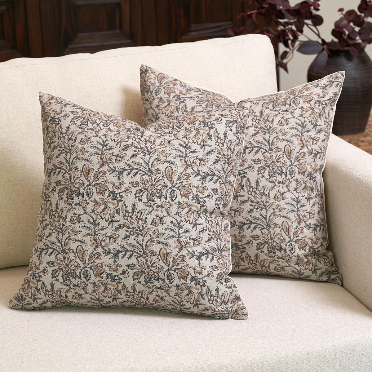 Amor Virisso Floral Throw Pillow Covers 18x18 Set of 2 Vintage Block Print Pillow Covers Decorative Pillow Covers Couch Pillows for Living Room Farmhouse Accent Sofa Pillows, Red/Sand