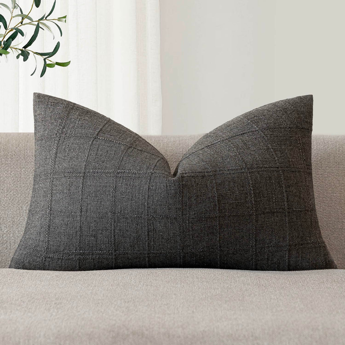 Foindtower Set of 1 Decorative Linen Check Throw Pillow Cover Neutral Farmhouse Lumbar Cushion Cover Modern Boho Home Decor for Sofa Chair Couch Bedroom Living Room,12×20 Inch,Olive Green