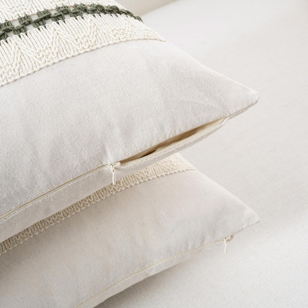 Fancy Homi Set of 2 Boho Olive Green Decorative Throw Pillow Cover 18x18 Inch for Couch Bed Sofa, Aesthetic Modern Organic Farmhouse Home Decor, Soft Cotton Cute Accent Macrame Woven Cushion Case