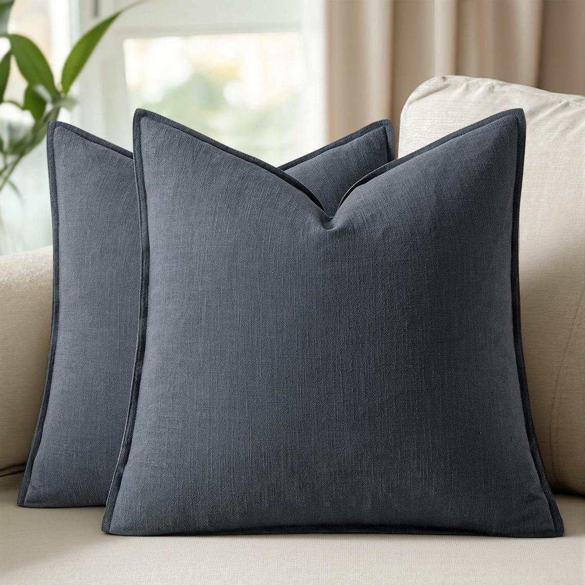 Set of 2 Linen Solid Throw Pillow Covers 20x20 Inch Dark Olive Green