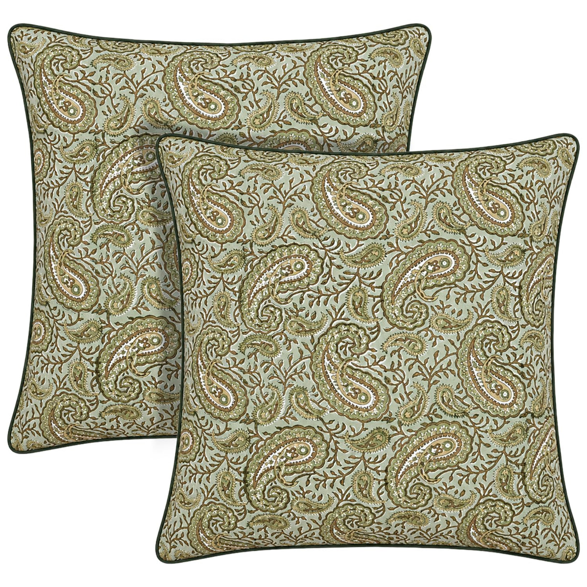 Ridhi Asparagus Green Block Print Cotton Pillow Cover 16x16 Inch Set of 2