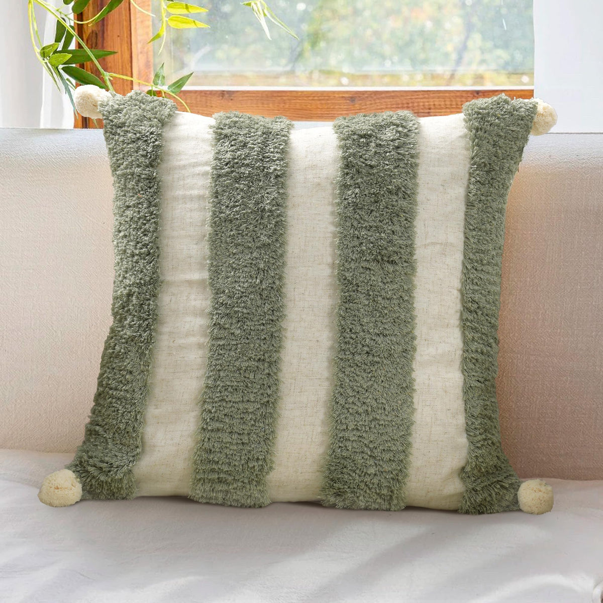 Boho Sofa Throw Pillow Covers – Exquisitely Crafted with Hand-Finished Tuft with Thick Cotton Tassel Details – Soft & Stylish Moroccan Decorative, 18x18inch (Spring Ruched)