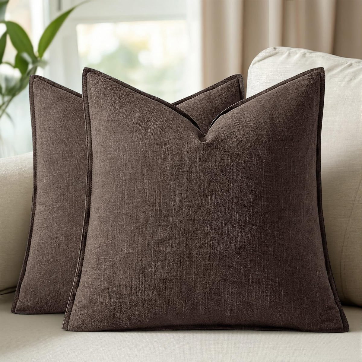 Set of 2 Linen Solid Throw Pillow Covers 20x20 Inch Dark Olive Green