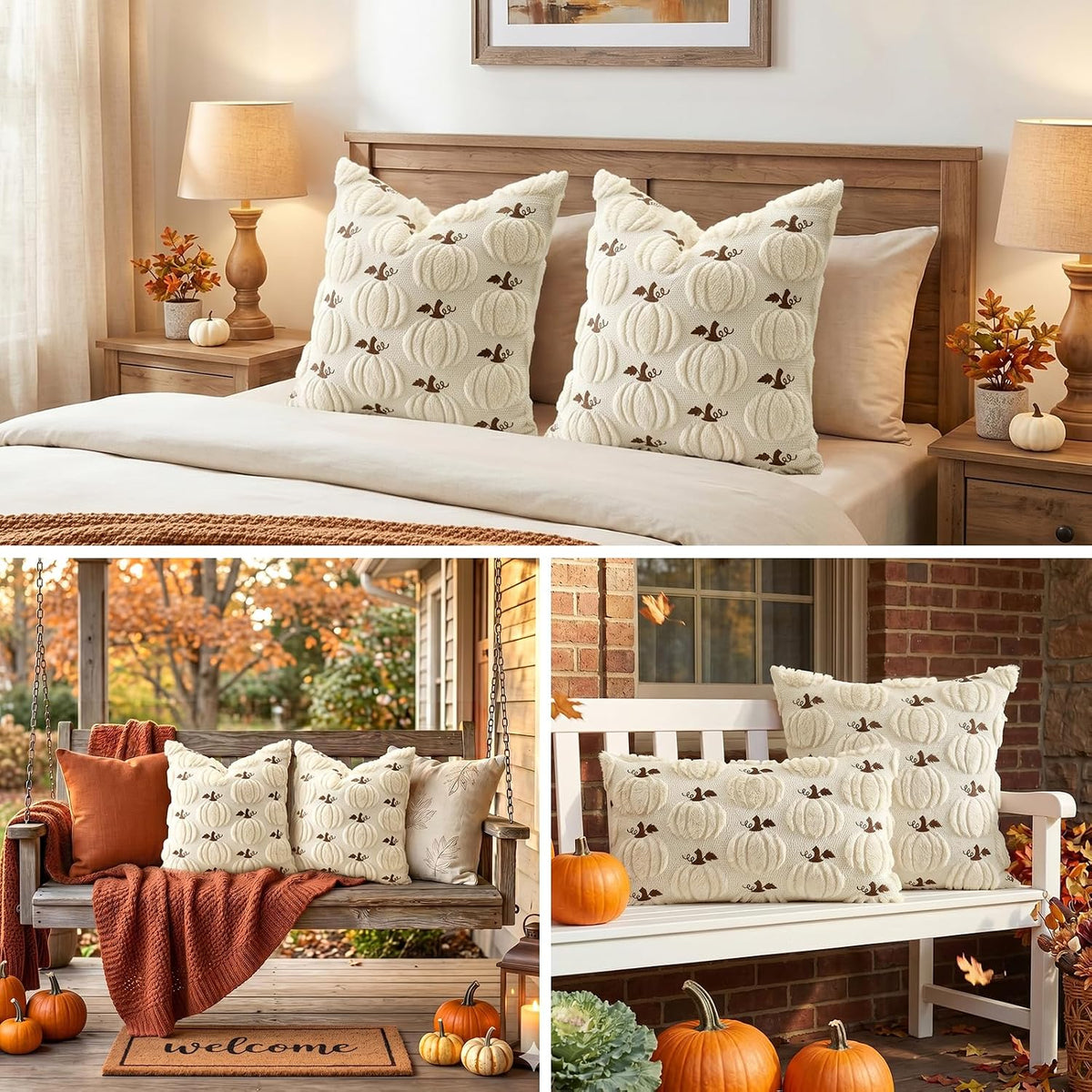 Artscope Fall Pumpkin Throw Pillow Covers 18x18 Set of 2, Autumn Soft Plush Faux Fur Decoration Cushion Covers for Thanksgiving Holiday Couch Sofa Bedroom Home Decor-Beige
